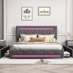 Fortuna lai Lit 160x200 avec Sommier LED et USB,Lit capitonné avec 4 tiroirs et Grand Rangement Lit,Gris Hot