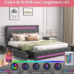 Fortuna lai Lit 160x200 avec Sommier LED et USB,Lit capitonné avec 4 tiroirs et Grand Rangement Lit,Gris Hot
