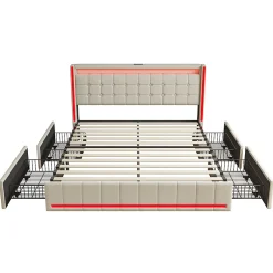 Simple Life Lit 140x200 Avec Sommier LED Et USB, Lit Coffre 140x200 Avec Lattes Et 4 Tiroirs , Beige Best