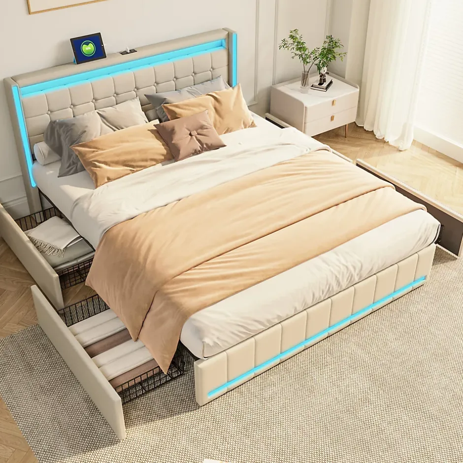 Simple Life Lit 140x200 Avec Sommier LED Et USB, Lit Coffre 140x200 Avec Lattes Et 4 Tiroirs , Beige Best