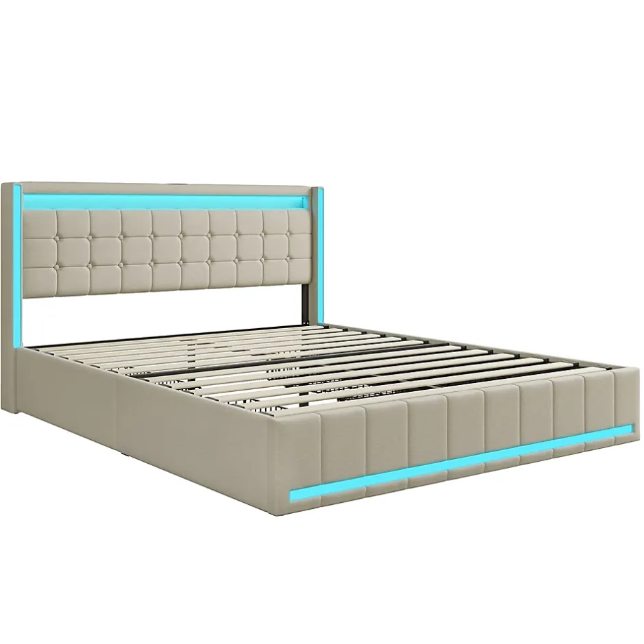 Simple Life Lit 140x200 Avec Sommier LED Et USB, Lit Coffre 140x200 Avec Lattes Et 4 Tiroirs , Beige Best