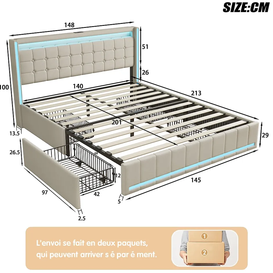Simple Life Lit 140x200 Avec Sommier LED Et USB, Lit Coffre 140x200 Avec Lattes Et 4 Tiroirs , Beige Best