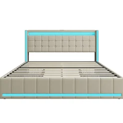 Simple Life Lit 140x200 Avec Sommier LED Et USB, Lit Coffre 140x200 Avec Lattes Et 4 Tiroirs , Beige Best