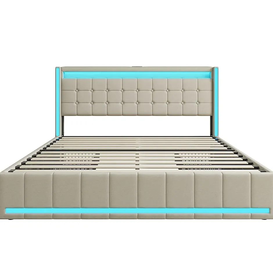 Simple Life Lit 140x200 Avec Sommier LED Et USB, Lit Coffre 140x200 Avec Lattes Et 4 Tiroirs , Beige Best