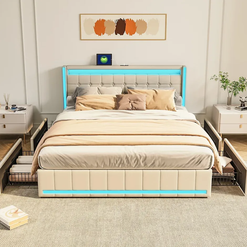 Simple Life Lit 140x200 Avec Sommier LED Et USB, Lit Coffre 140x200 Avec Lattes Et 4 Tiroirs , Beige Best