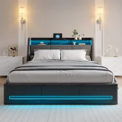 Simple Life Lit 160x200 avec Sommier LED et USB, Lit Coffre avec Rangement et Tete de Lit, lit 2 persons de Rangement Hydraulique, Gris