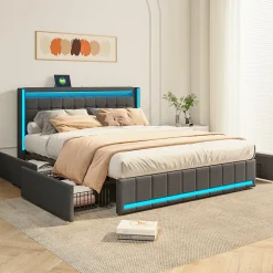 Simple Life Lit 180x200 Avec Sommier LED Et USB, Lit Coffre 140x200 Avec Lattes Et 4 Tiroirs , Gris