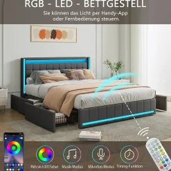 Simple Life Lit 180x200 Avec Sommier LED Et USB, Lit Coffre 140x200 Avec Lattes Et 4 Tiroirs , Gris