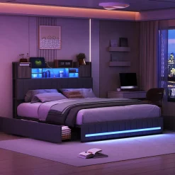 Fortuna lai Lit 160x200 avec Sommier LED et USB, Lit Coffre avec 4 Tiroirs et Rangement Tête Delit, Gris