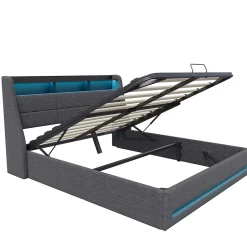 Fortuna lai Lit 140x190 Avec Sommier LED Et Charge USB, Avec 4 Tiroirs Et Tête De Lit De Rangement, Lin, Gris Hot