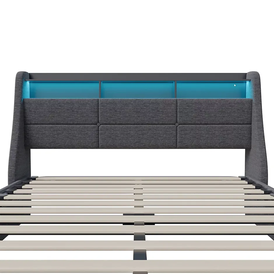 Fortuna lai Lit 140x190 Avec Sommier LED Et Charge USB, Avec 4 Tiroirs Et Tête De Lit De Rangement, Lin, Gris Hot