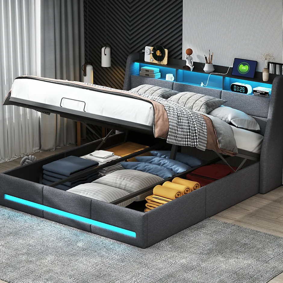 Fortuna lai Lit 140x190 Avec Sommier LED Et Charge USB, Avec 4 Tiroirs Et Tête De Lit De Rangement, Lin, Gris Hot