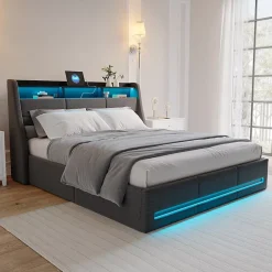 Simple Life Lit 140x190 avec sommier LED et USB, lit coffre avec tête de lit, gris Online