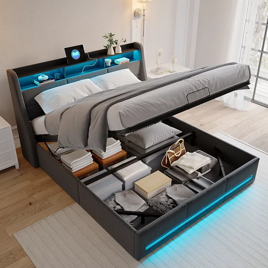Simple Life Lit 140x190 avec sommier LED et USB, lit coffre avec tête de lit, gris Online