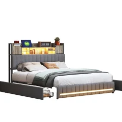 Fortuna lai Lit 140x190 avec Sommier LED et USB, Lit Coffre avec 4 Tiroirs et Rangement Tête Delit, Gris
