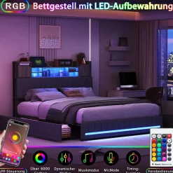 Fortuna lai Lit 140x190 avec Sommier LED et USB, Lit Coffre avec 4 Tiroirs et Rangement Tête Delit, Gris