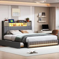 Fortuna lai Lit 140x190 avec Sommier LED et USB, Lit Coffre avec 4 Tiroirs et Rangement Tête Delit, Gris