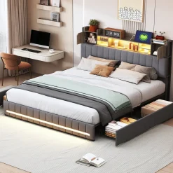 Fortuna lai Lit 140x190 avec Sommier LED et USB, Lit Coffre avec 4 Tiroirs et Rangement Tête Delit, Gris