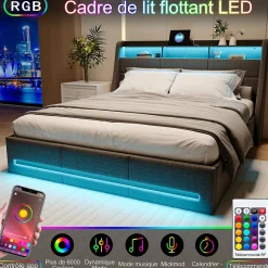 Simple Life Lit 140x190 avec Sommier LED et USB, Lit Coffre avec Rangement et Tete de Lit, Gris