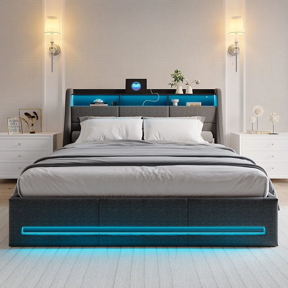 Simple Life Lit 140x190 avec Sommier LED et USB, Lit Coffre avec Rangement et Tete de Lit, Gris