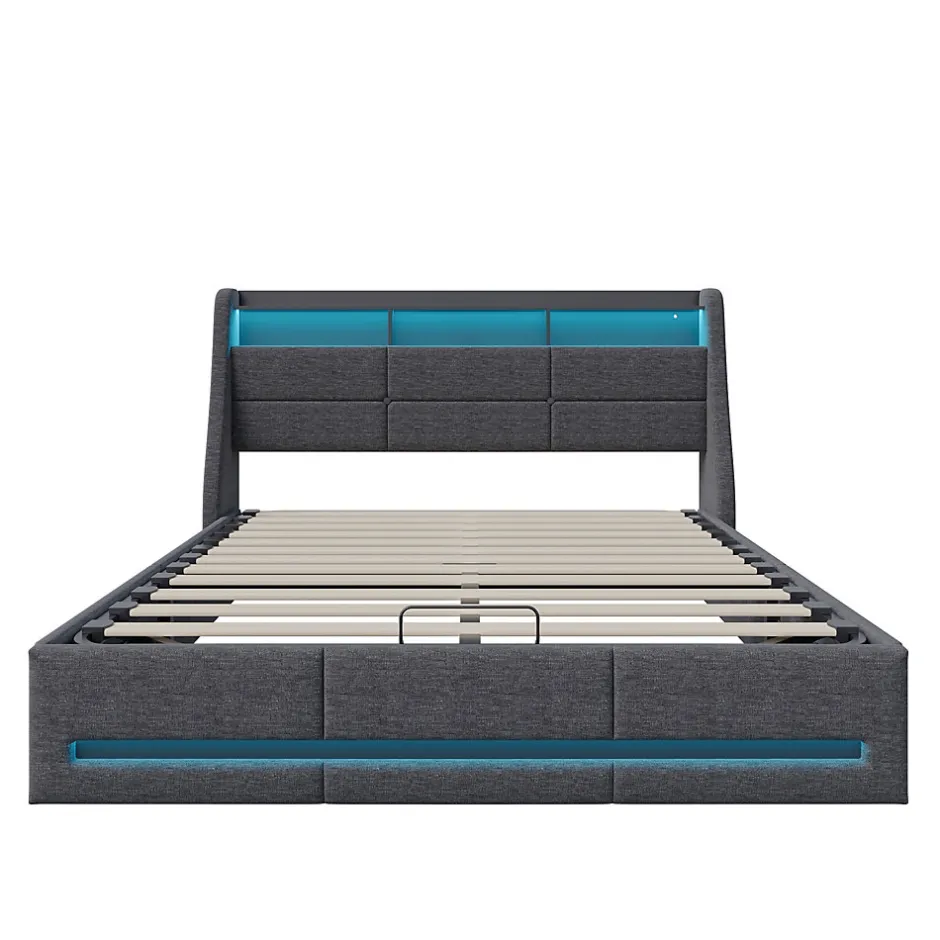 Simple Life Lit 140x190 avec Sommier LED et USB, Lit Coffre avec Rangement et Tete de Lit, Gris