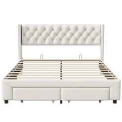 Fortuna lai Lit 160x200 avec Sommier, Lit Coffre avec 2 Tiroirs et Hydraulique Rangement, Lits Double Rembourré en Velours,Beige