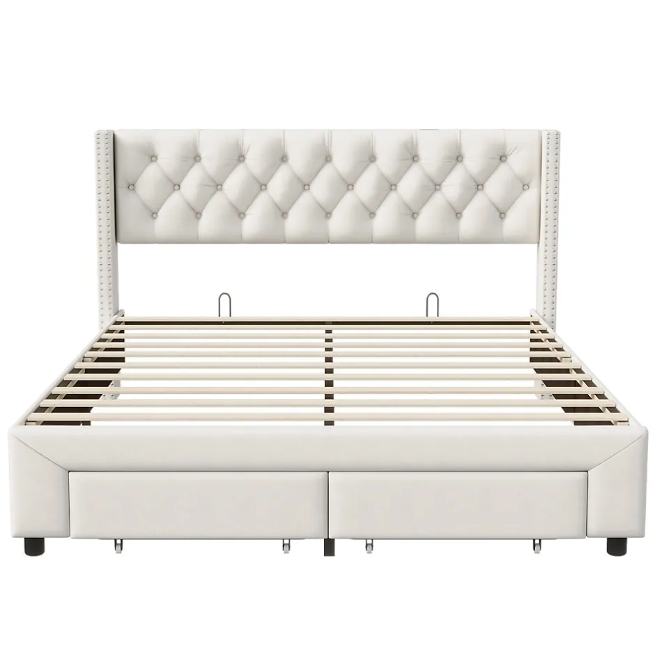 Fortuna lai Lit 160x200 avec Sommier, Lit Coffre avec 2 Tiroirs et Hydraulique Rangement, Lits Double Rembourré en Velours,Beige