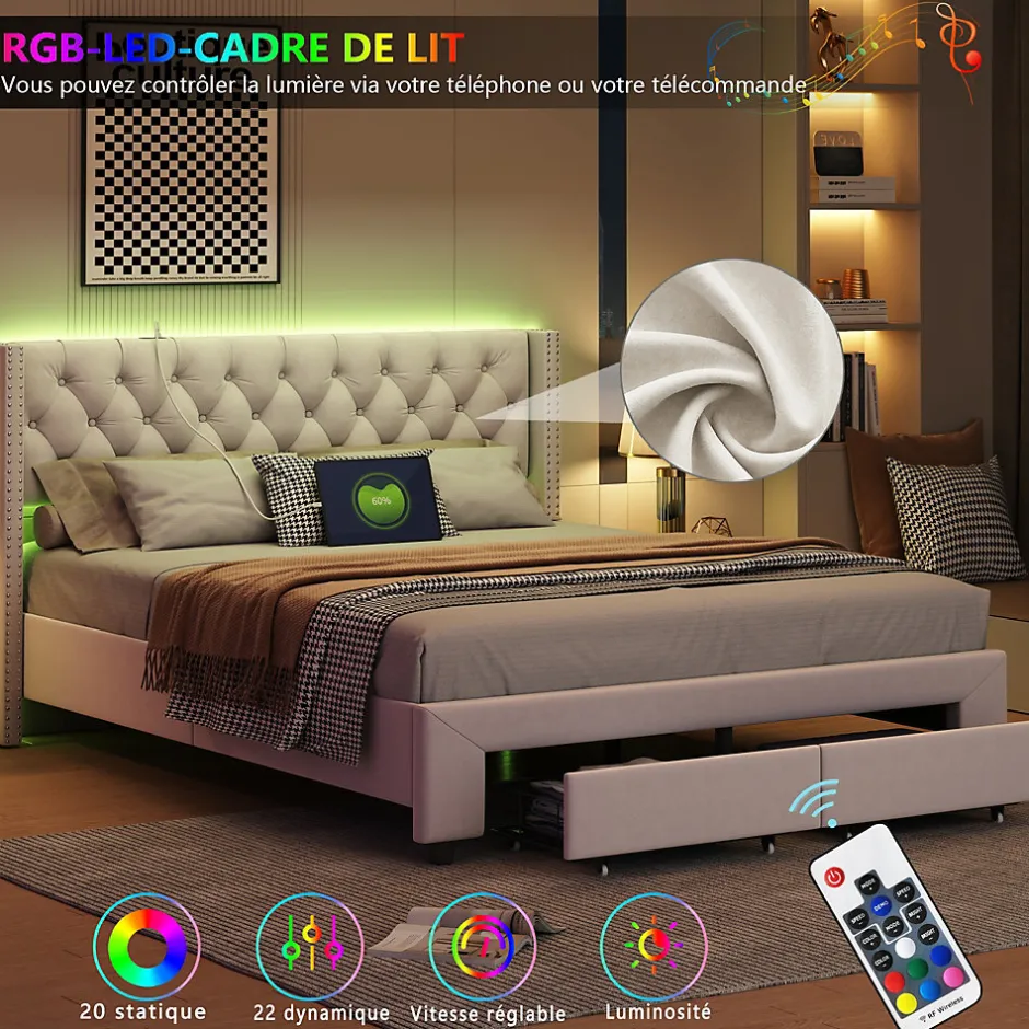 Fortuna lai Lit 160x200 avec Sommier, Lit Coffre avec 2 Tiroirs et Hydraulique Rangement, Lits Double Rembourré en Velours,Beige