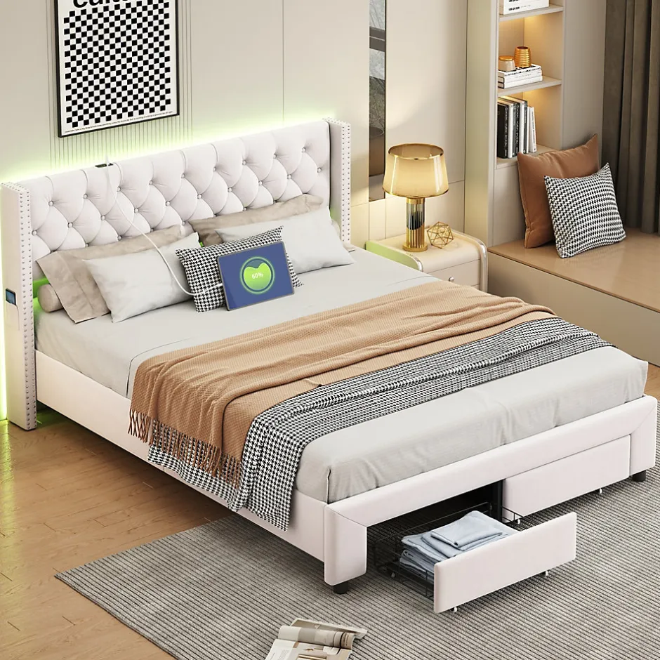 Fortuna lai Lit 160x200 avec Sommier, Lit Coffre avec 2 Tiroirs et Hydraulique Rangement, Lits Double Rembourré en Velours,Beige