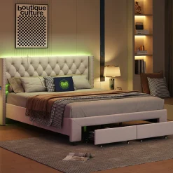 Fortuna lai Lit 160x200 avec Sommier, Lit Coffre avec 2 Tiroirs et Hydraulique Rangement, Lits Double Rembourré en Velours,Beige