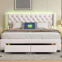 Fortuna lai Lit 160x200 avec Sommier, Lit Coffre avec 2 Tiroirs et Hydraulique Rangement, Lits Double Rembourré en Velours,Beige
