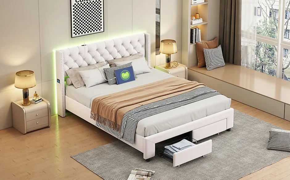 Fortuna lai Lit 160x200 avec Sommier, Lit Coffre avec 2 Tiroirs et Hydraulique Rangement, Lits Double Rembourré en Velours,Beige