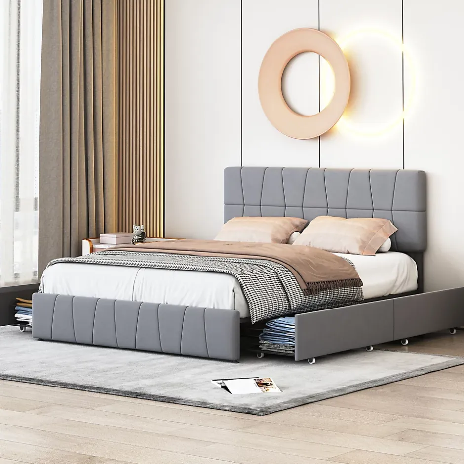 Simple Life Lit 160x200, Cadre De Lit Avec Tête De Lit Capitonnée Réglable En Hauteur, 4 Tiroirs, Gris Hot