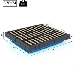 Redom Lit 180x200 cm à effet flottant avec rangement hydraulique, cadre métal robuste, tapissé lin gris, LED