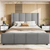 Redom Lit 140x190 cm - tête de lit haute en velours gris foncé, ports USB intégrés, cadre métal & panneau bois