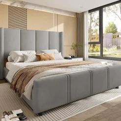 Redom Lit 140x190 cm - tête de lit haute en velours gris foncé, ports USB intégrés, cadre métal & panneau bois