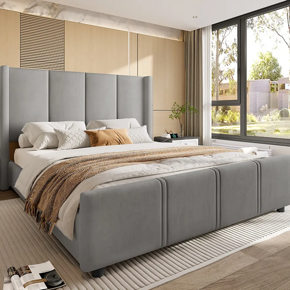 Redom Lit 140x190 cm - tête de lit haute en velours gris foncé, ports USB intégrés, cadre métal & panneau bois