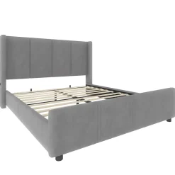 Redom Lit 140x190 cm - tête de lit haute en velours gris foncé, ports USB intégrés, cadre métal & panneau bois