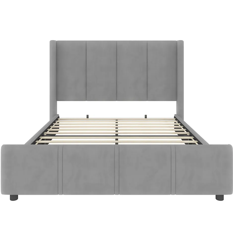 Redom Lit 140x190 cm - tête de lit haute en velours gris foncé, ports USB intégrés, cadre métal & panneau bois