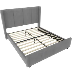 Redom Lit 140x190 cm - tête de lit haute en velours gris foncé, ports USB intégrés, cadre métal & panneau bois
