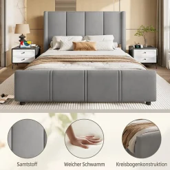 Redom Lit 140x190 cm - tête de lit haute en velours gris foncé, ports USB intégrés, cadre métal & panneau bois