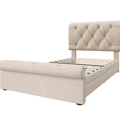 Redom Lit 90x200 cm avec 2 tiroirs de rangement et tête de lit réglable, cadre métal et bois, tissu lin naturel Discount