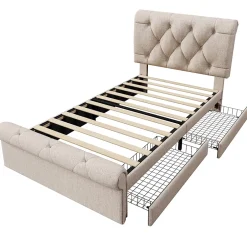 Redom Lit 90x200 cm avec 2 tiroirs de rangement et tête de lit réglable, cadre métal et bois, tissu lin naturel Discount