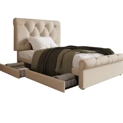 Redom Lit 90x200 cm avec 2 tiroirs de rangement et tête de lit réglable, cadre métal et bois, tissu lin naturel Discount