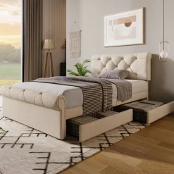 Redom Lit 90x200 cm avec 2 tiroirs de rangement et tête de lit réglable, cadre métal et bois, tissu lin naturel Discount