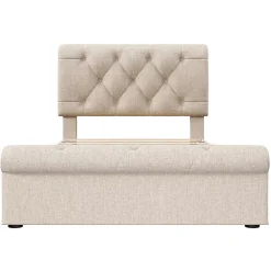 Redom Lit 90x200 cm avec 2 tiroirs de rangement et tête de lit réglable, cadre métal et bois, tissu lin naturel Discount