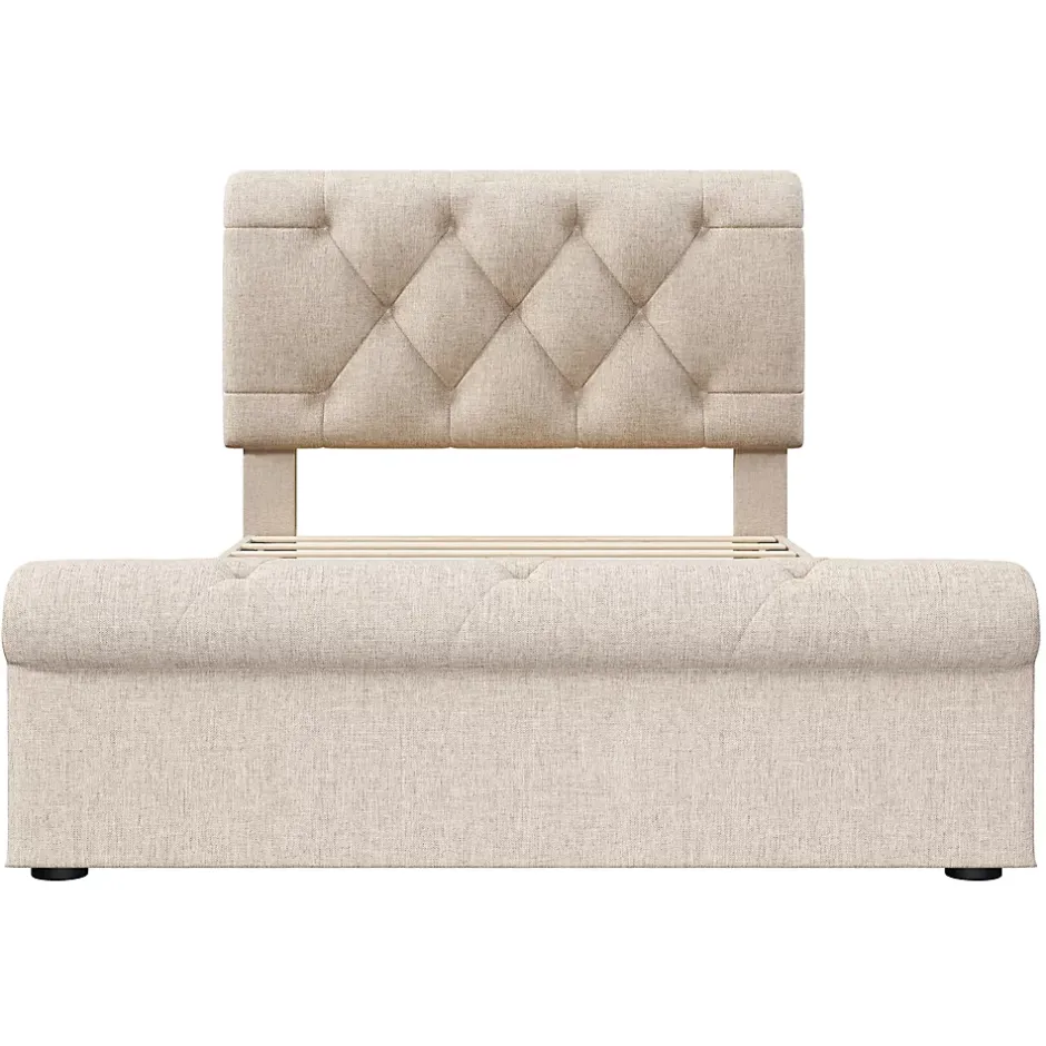 Redom Lit 90x200 cm avec 2 tiroirs de rangement et tête de lit réglable, cadre métal et bois, tissu lin naturel Discount