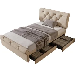Redom Lit 90x200 cm avec 2 tiroirs de rangement et tête de lit réglable, cadre métal et bois, tissu lin naturel Discount