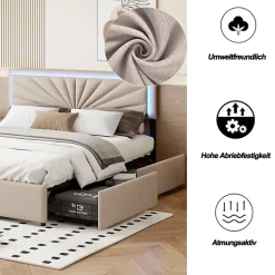 Simple Life Lit 160x200 cm avec 4 tiroirs de rangement, tête de lit avec éclairage LED, revêtement en tissu beige, Lit coffre moderne Clearance