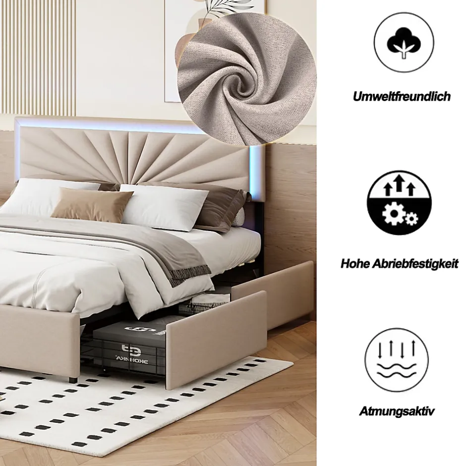 Simple Life Lit 160x200 cm avec 4 tiroirs de rangement, tête de lit avec éclairage LED, revêtement en tissu beige, Lit coffre moderne Clearance